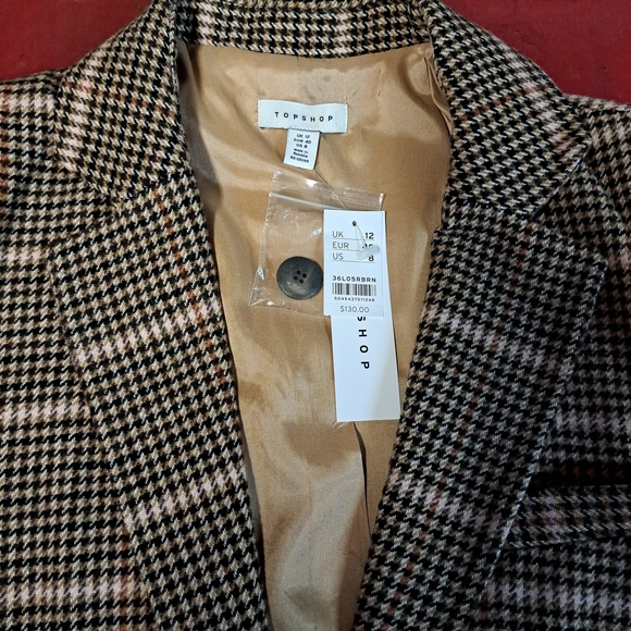 🌸🔥Topshop Women's Brown Botton Houndstood Pattern Blazer size 8 NWT - Picture 5 of 9